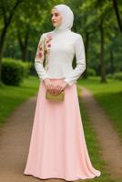 Tesettür giyim PUDRA ALVİNA NAKIŞLI ABİYE ELBİSE T 5136