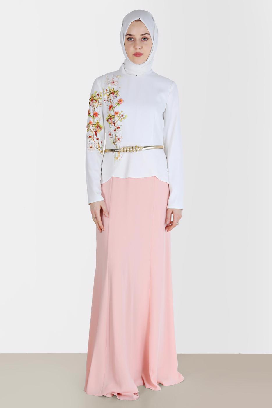 Tesettür giyim PUDRA ALVİNA NAKIŞLI ABİYE ELBİSE T 5136
