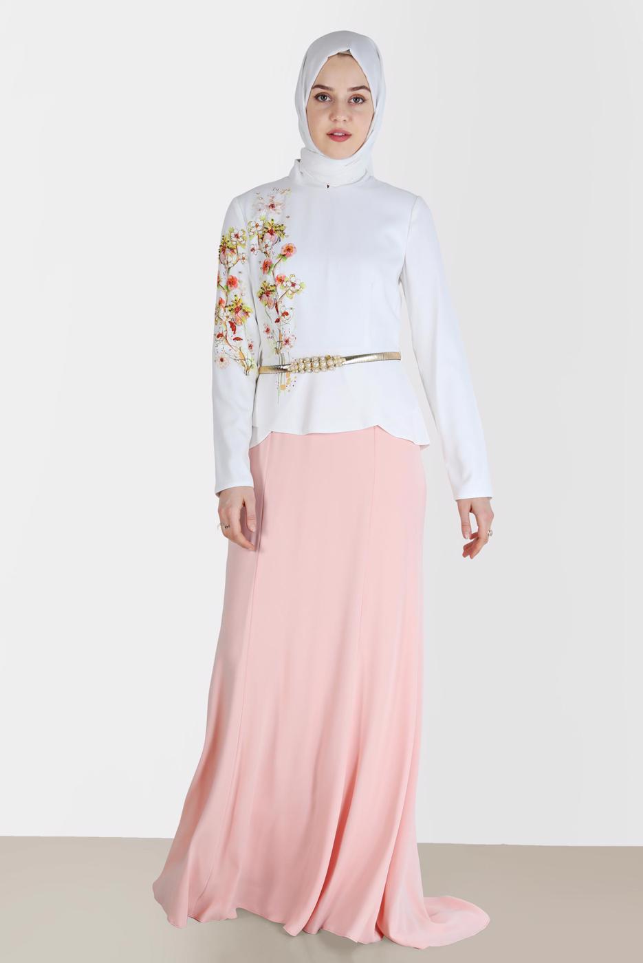 Tesettür giyim PUDRA ALVİNA NAKIŞLI ABİYE ELBİSE T 5136