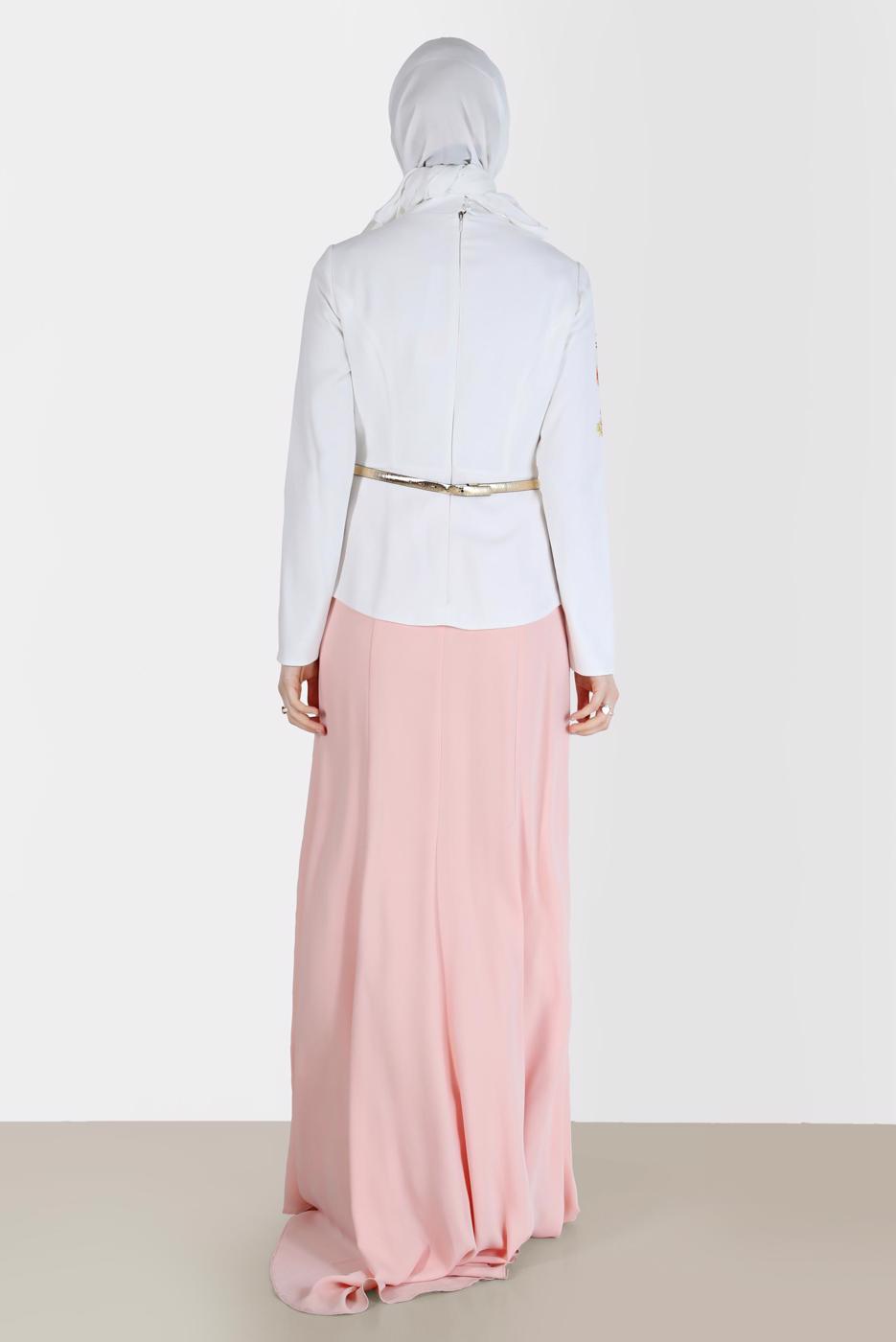 Tesettür giyim PUDRA ALVİNA NAKIŞLI ABİYE ELBİSE T 5136