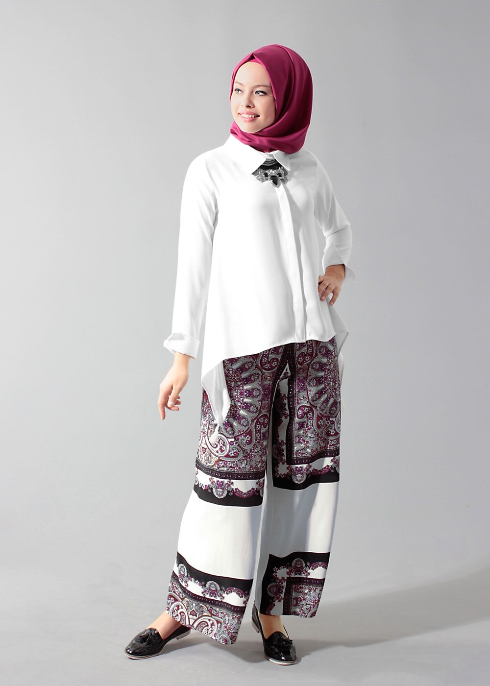 Hijab clothing PURPLE T 1497 Actüel Şal Desenli Pantolon