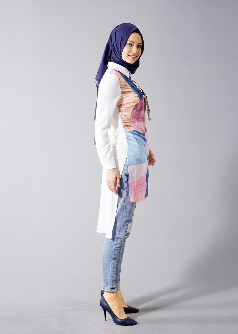 Hijab clothing CREAM T 5947 Actüel Desenli Tunik
