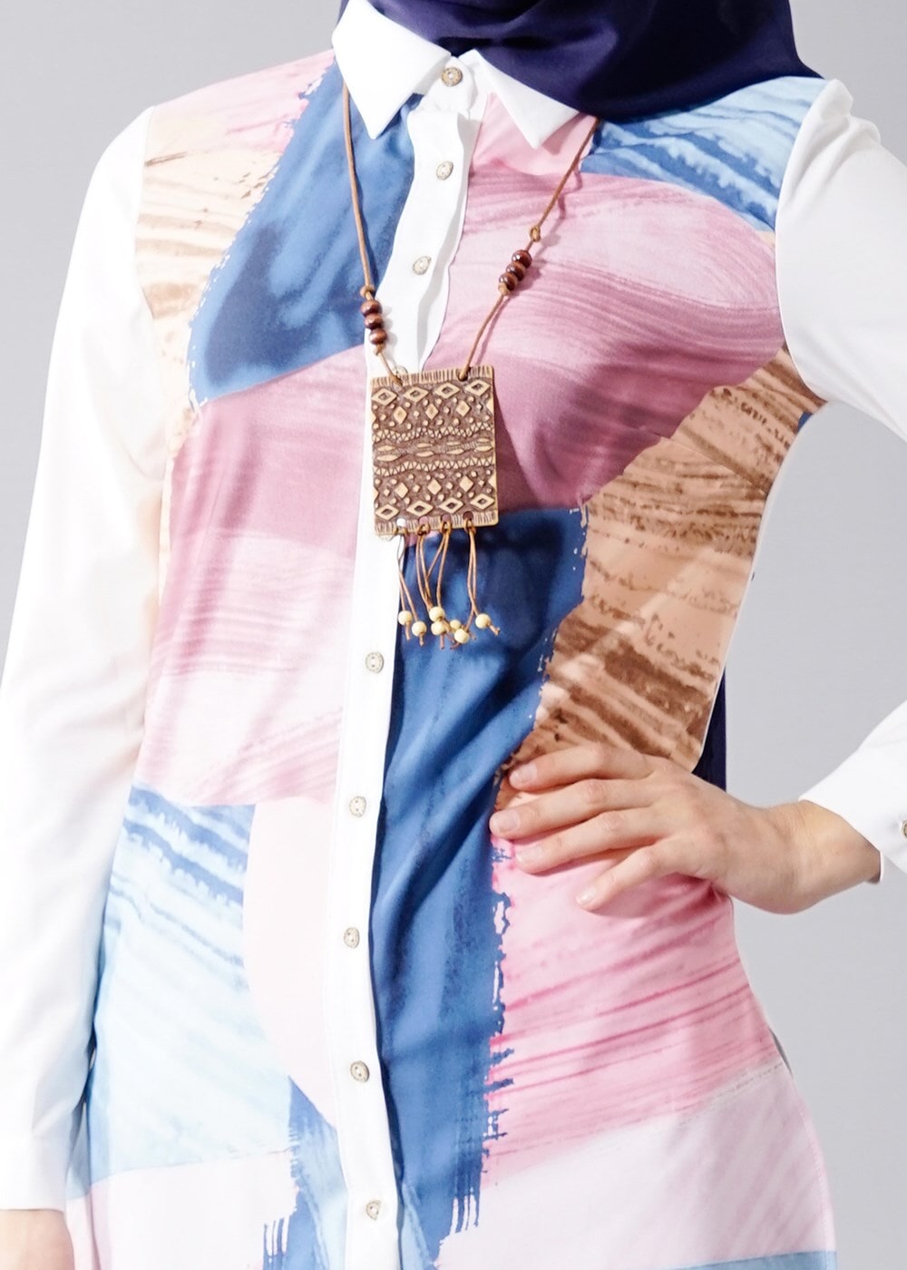 Hijab clothing CREAM T 5947 Actüel Desenli Tunik