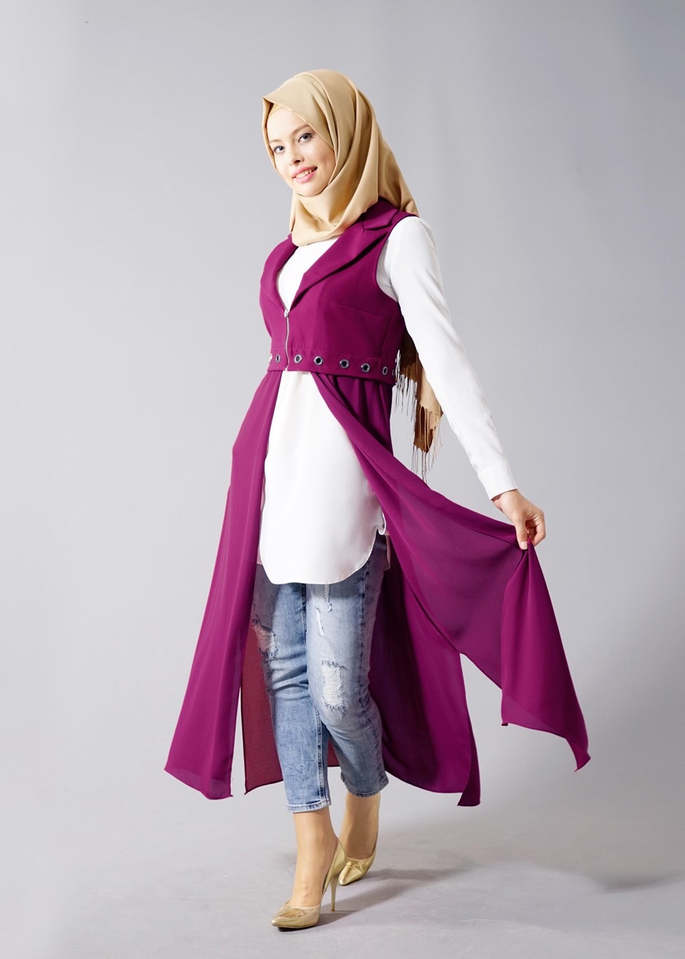 Vêtements hijab POURPRE T 8298 Actüel Femuar Detaylı Yelek