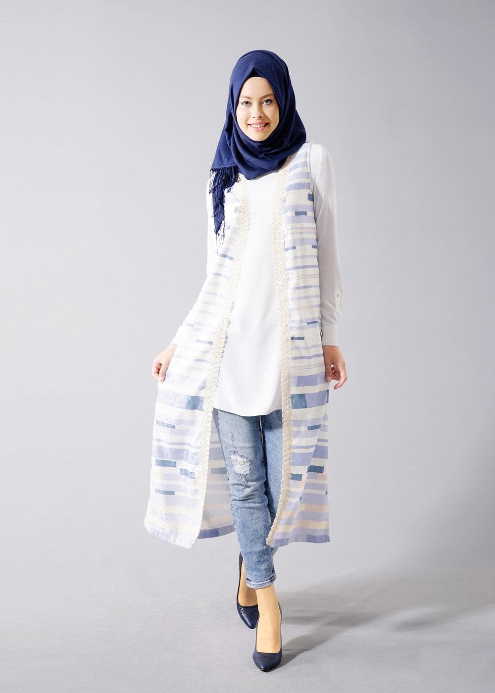 Hijab clothing PURPLE T 8340 Actüel Cizgi Desenli Kabartmalı Yelek