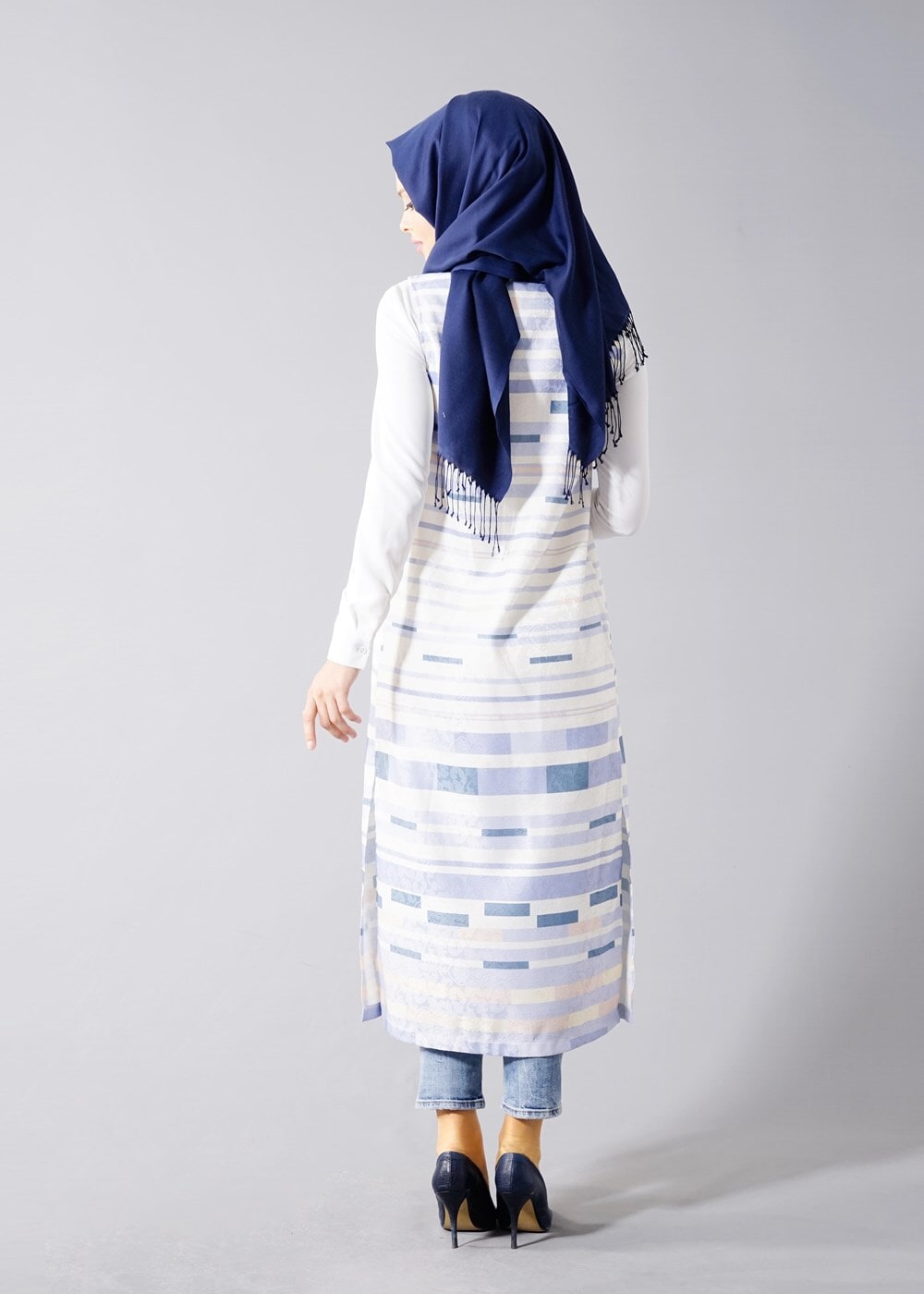 Hijab clothing PURPLE T 8340 Actüel Cizgi Desenli Kabartmalı Yelek