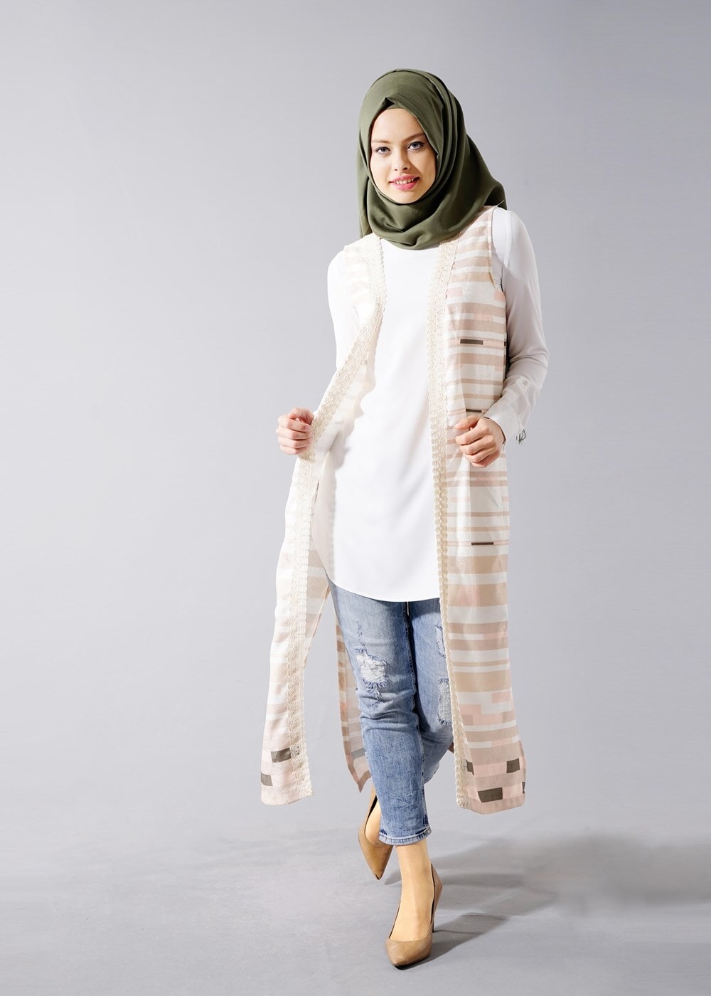 Vêtements hijab POUDRE T 8340 Actüel Cizgi Desenli Kabartmalı Yelek