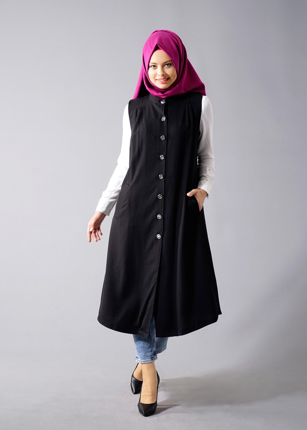 Hijab clothing BLACK T 8381 Actüel  Omuz Kısmı Pileli Yelek