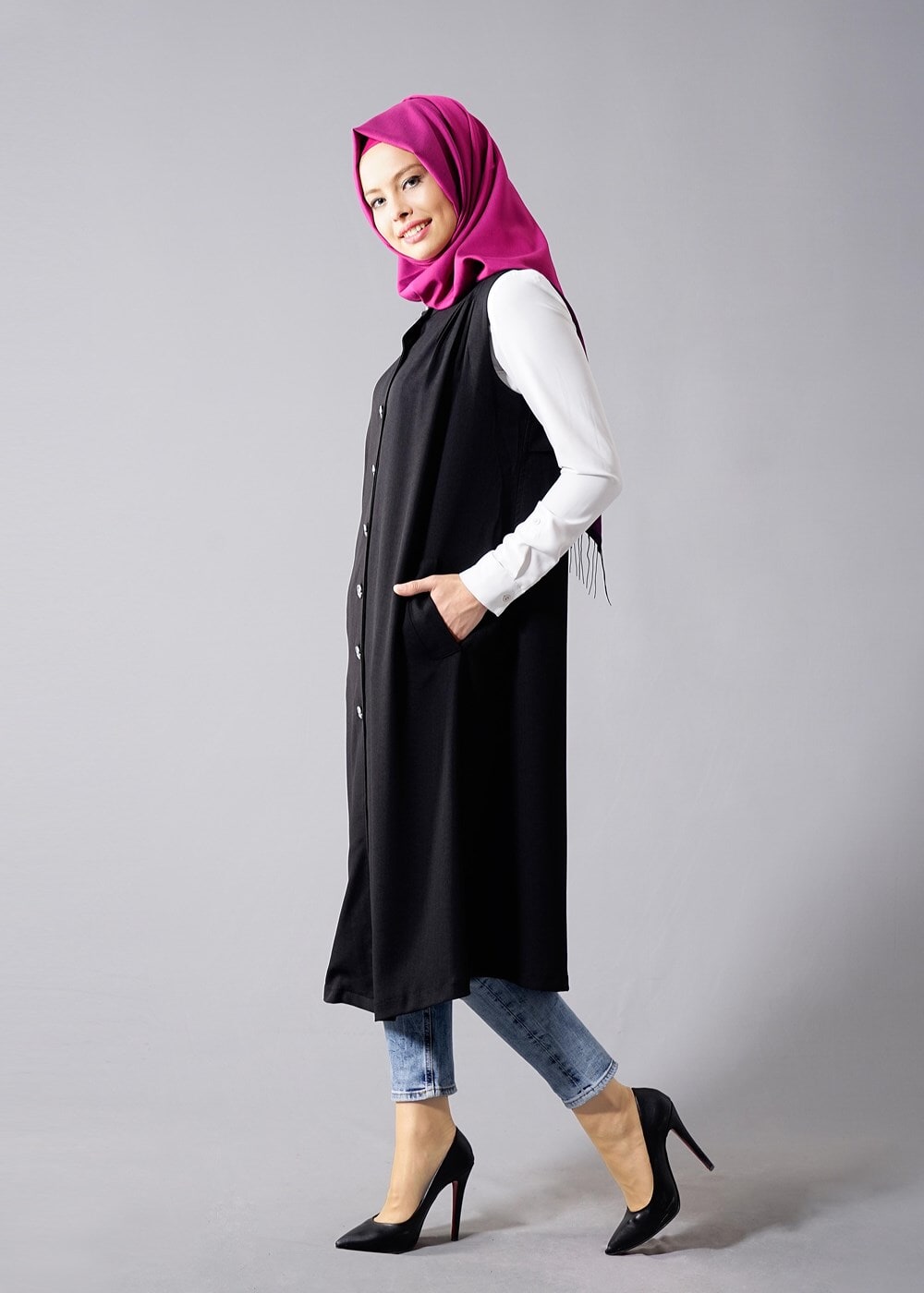 Hijab clothing BLACK T 8381 Actüel  Omuz Kısmı Pileli Yelek