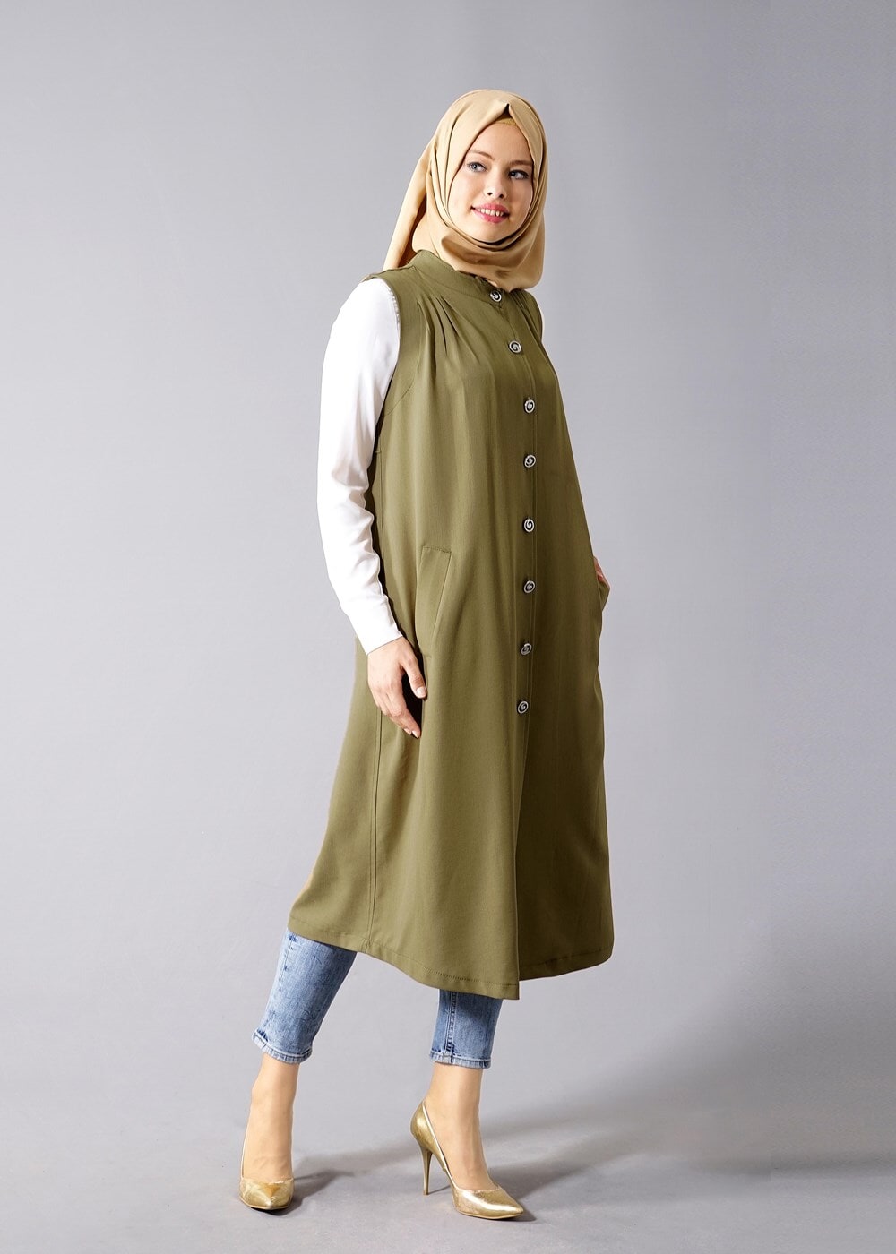 Hijab clothing KHAKI T 8381 Actüel  Omuz Kısmı Pileli Yelek