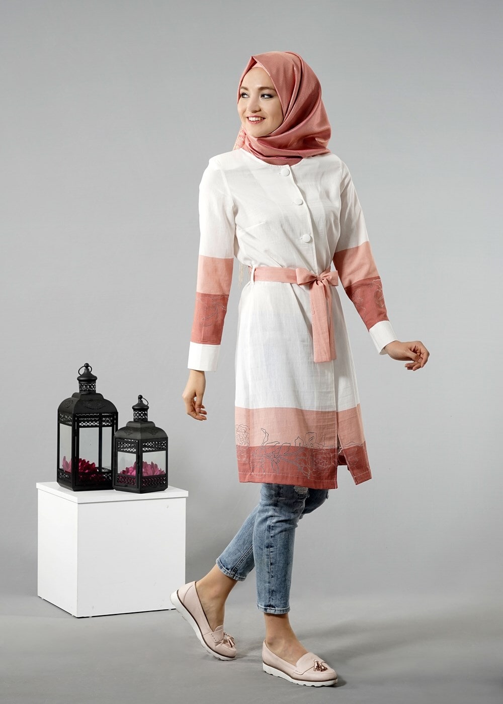 Hijab clothing CREAM T 169 Akkaya Fashion- Kuşaklı Trench