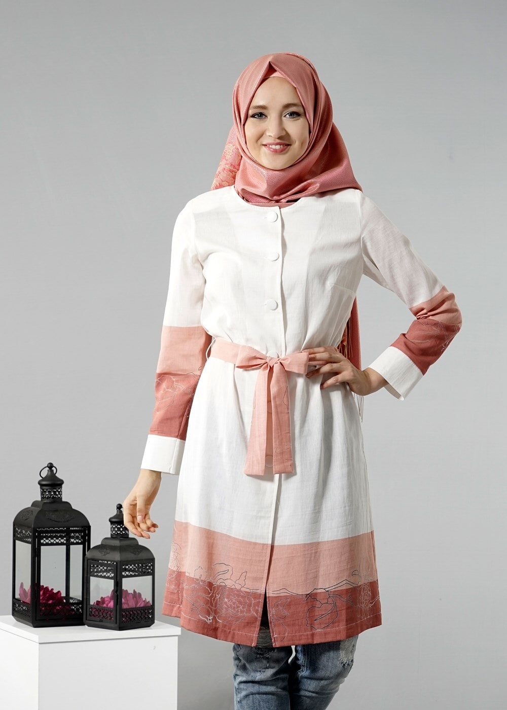 Vêtements hijab CRÈME T 169 Akkaya Fashion- Kuşaklı Trench
