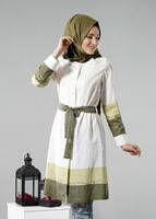 Vêtements hijab CRÈME T 169 Akkaya Fashion- Kuşaklı Trench