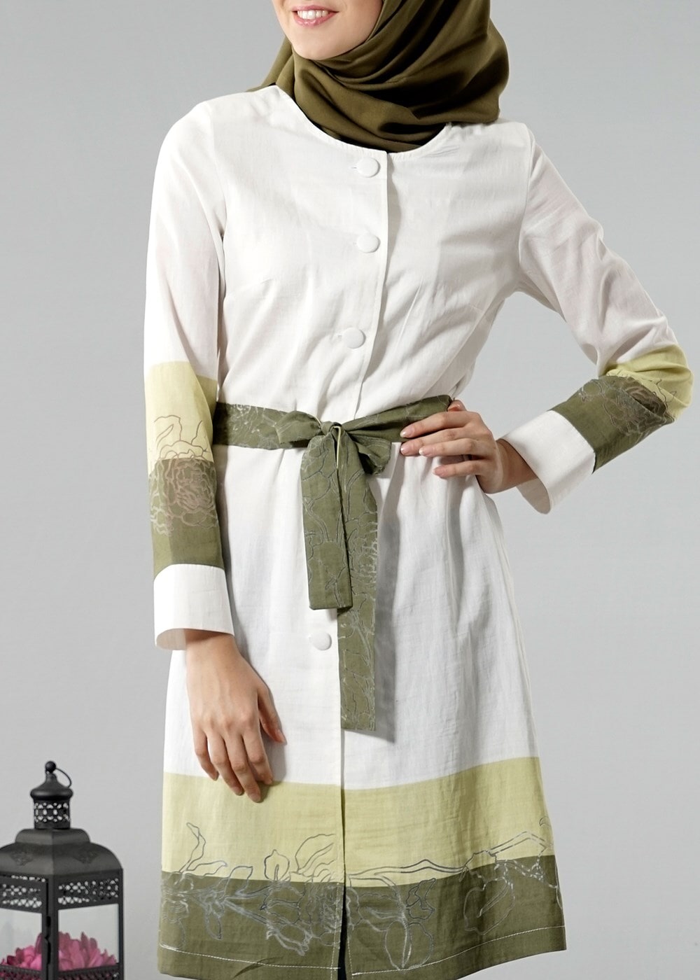 Vêtements hijab CRÈME T 169 Akkaya Fashion- Kuşaklı Trench