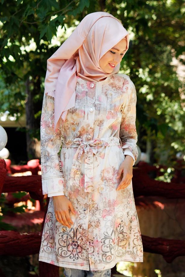 Vêtements hijab  T 170 Akkaya Fashion-Dijital Baskılı Trench - TRENDTESETTÜR