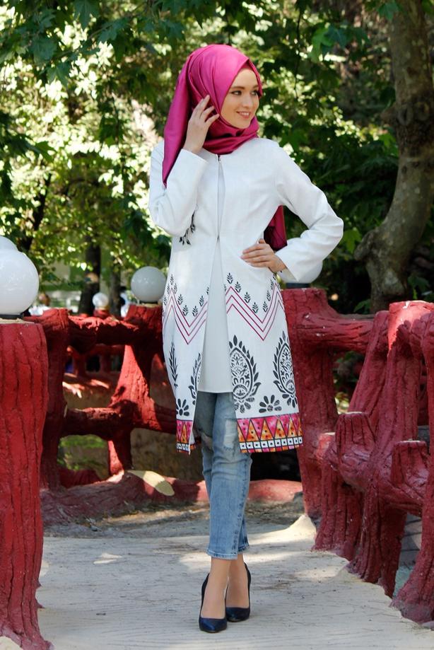 Vêtements hijab  T 214 Akkaya Fashion-Etnik Desen Klipsli Trench - TRENDTESETTÜR