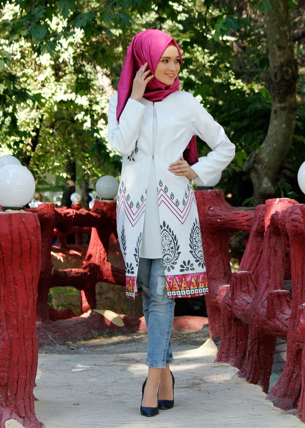 Vêtements hijab CRÈME T 214 Akkaya Fashion-Etnik Desen Klipsli Trench