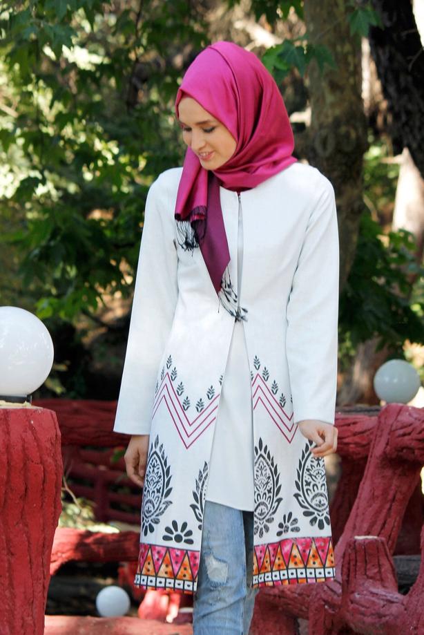 Vêtements hijab  T 214 Akkaya Fashion-Etnik Desen Klipsli Trench - TRENDTESETTÜR