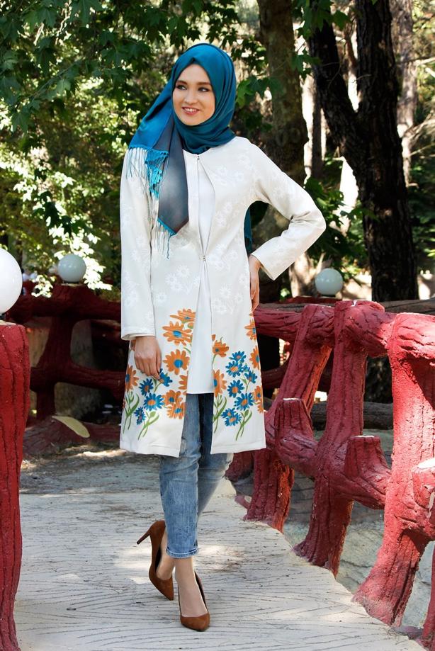 Vêtements hijab  T 214-1 Akkaya Fashion-Çiçek Desenli Klipsli Trench - TRENDTESETTÜR