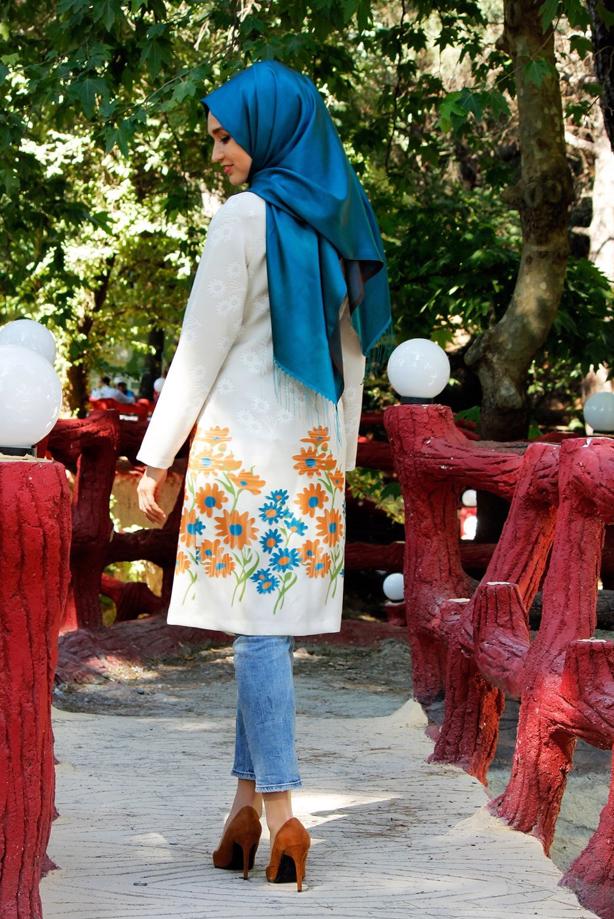 Vêtements hijab  T 214-1 Akkaya Fashion-Çiçek Desenli Klipsli Trench - TRENDTESETTÜR