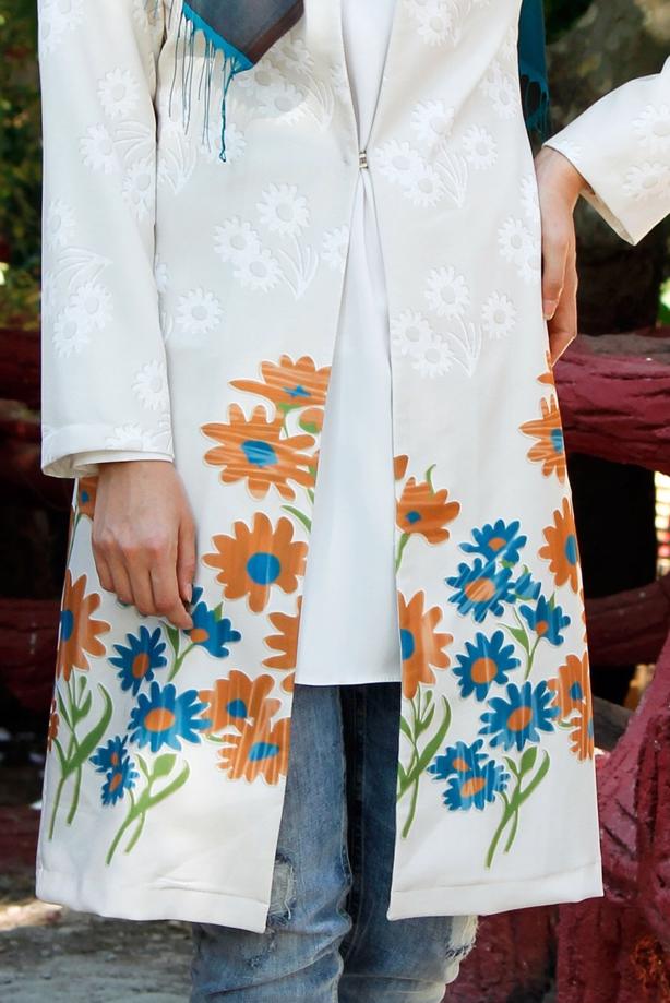 Vêtements hijab  T 214-1 Akkaya Fashion-Çiçek Desenli Klipsli Trench - TRENDTESETTÜR