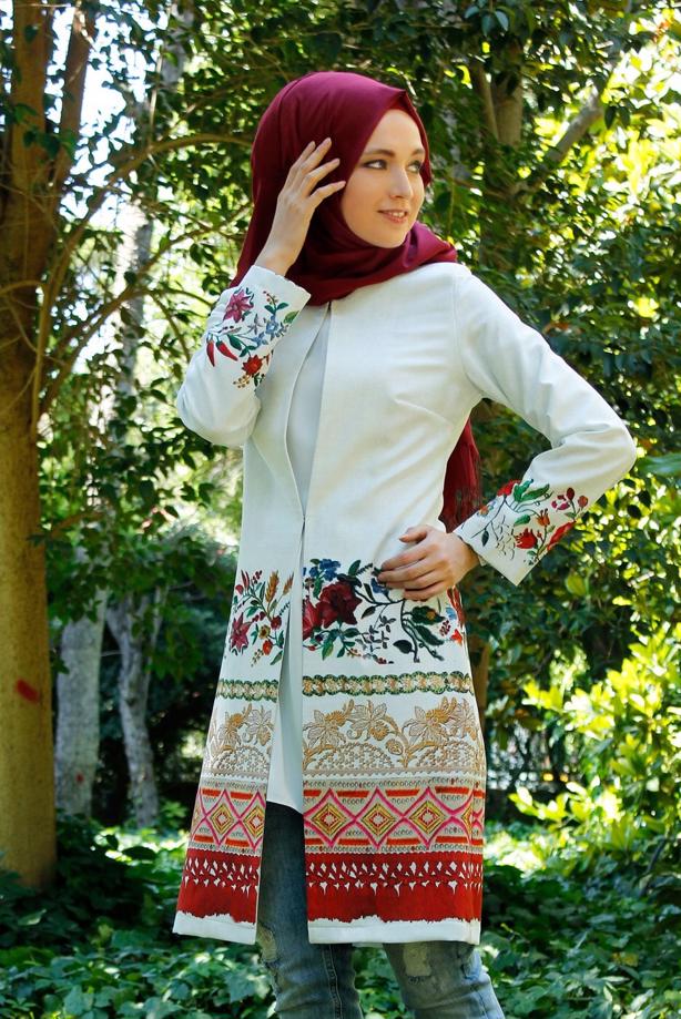 Vêtements hijab  T 214-2 Akkaya Fashion-Otantik Desenli Trench - TRENDTESETTÜR