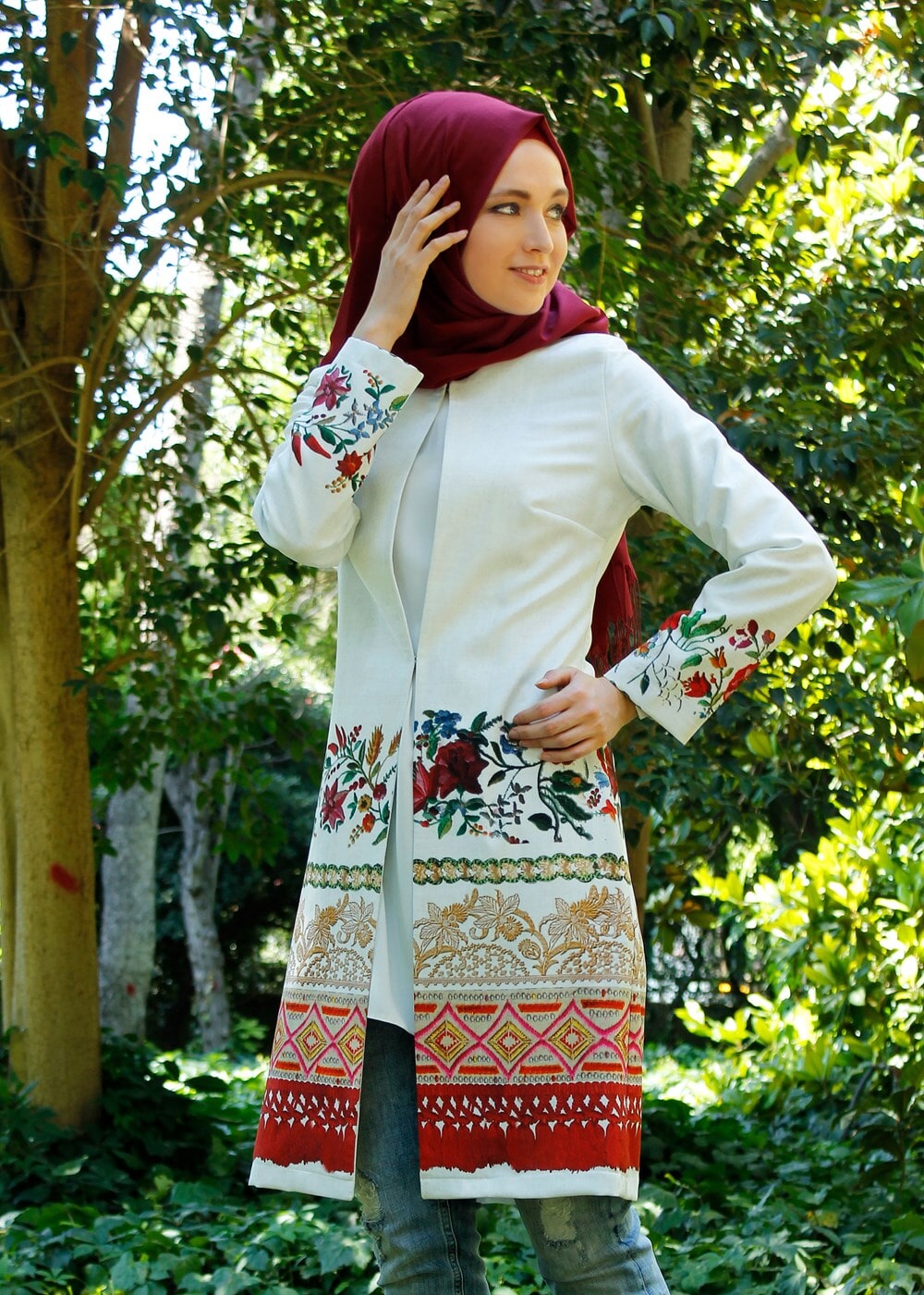 Vêtements hijab CRÈME T 214-2 Akkaya Fashion-Otantik Desenli Trench