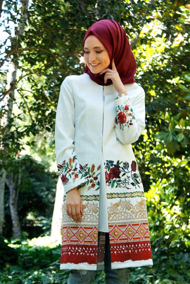 Vêtements hijab  T 214-2 Akkaya Fashion-Otantik Desenli Trench - TRENDTESETTÜR