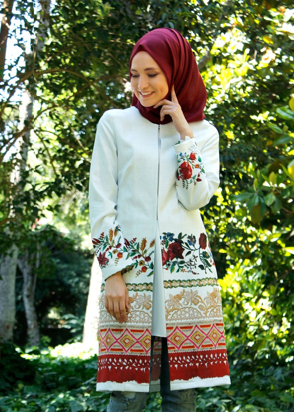 Tesettür giyim KREM T 214-2 Akkaya Fashion-Otantik Desenli Trench