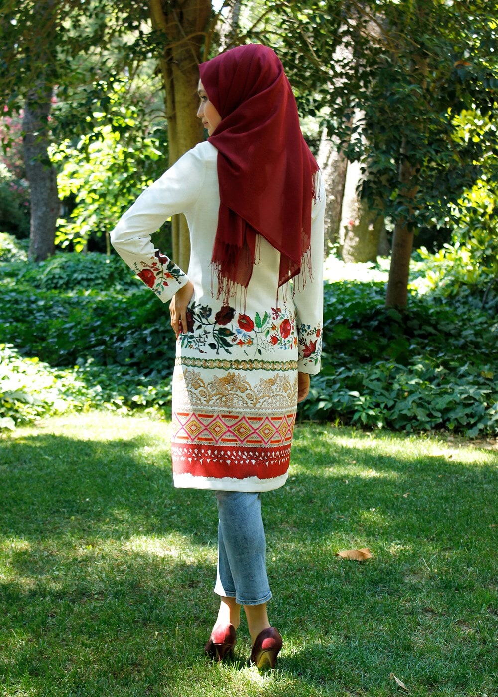 Tesettür giyim KREM T 214-2 Akkaya Fashion-Otantik Desenli Trench