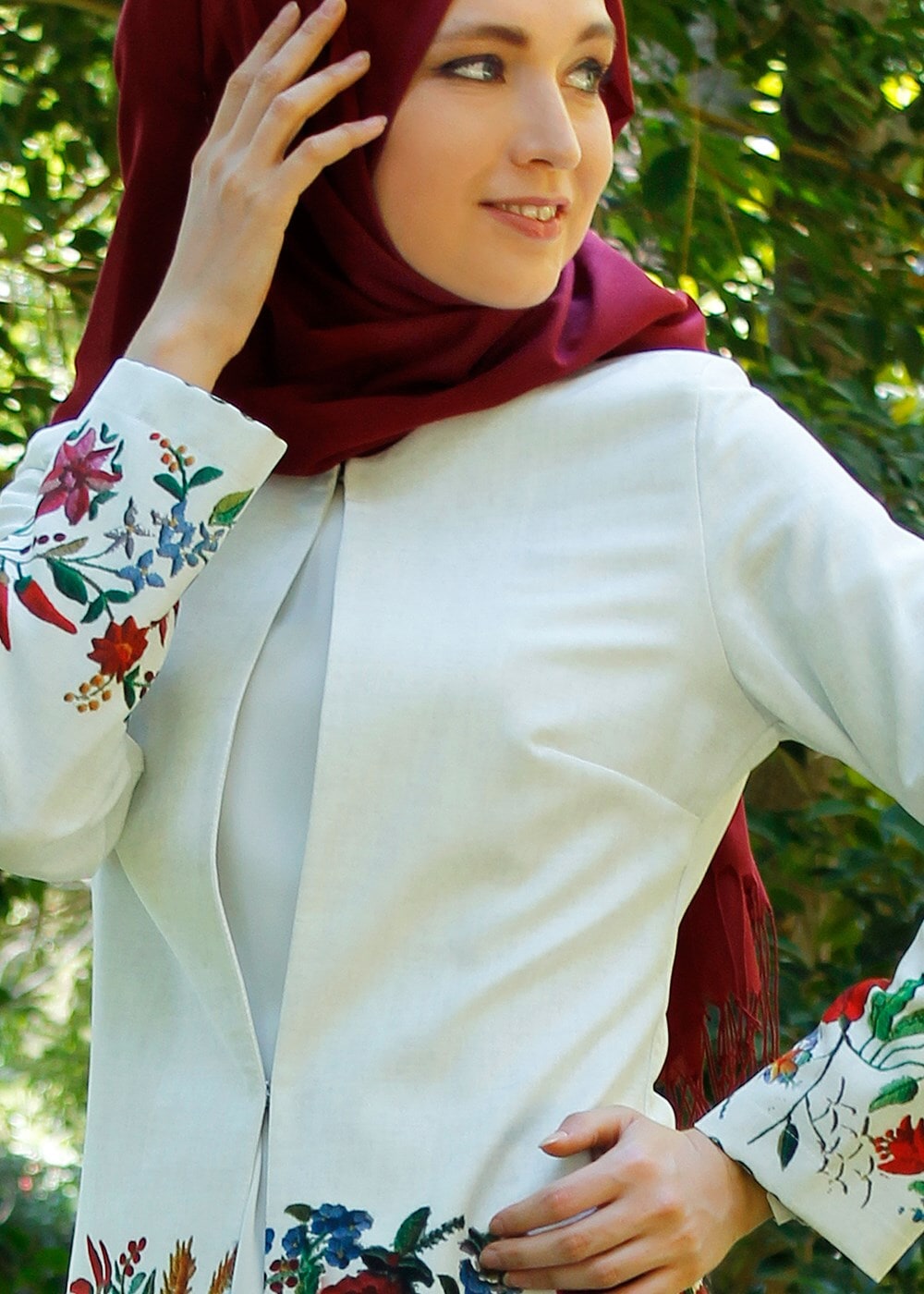 Tesettür giyim KREM T 214-2 Akkaya Fashion-Otantik Desenli Trench