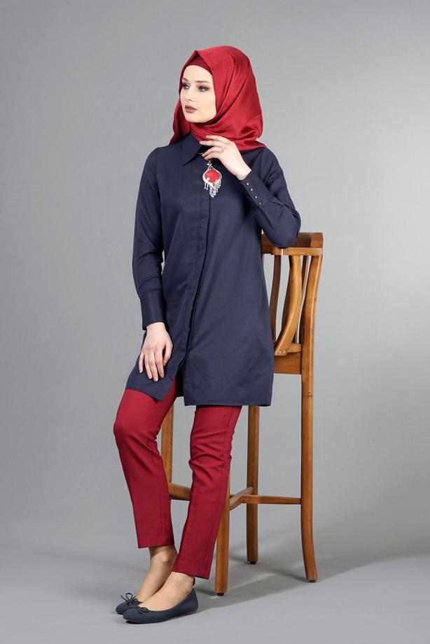 Vêtements hijab  T 1040 Allday Gizli Düğmeli Erkek Yaka Tunik - TRENDTESETTÜR