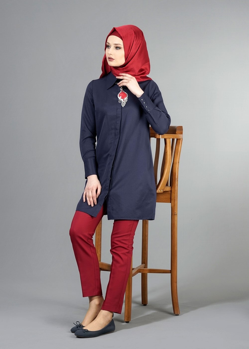 Vêtements hijab BLEU MARINE T 1040 Allday Gizli Düğmeli Erkek Yaka Tunik
