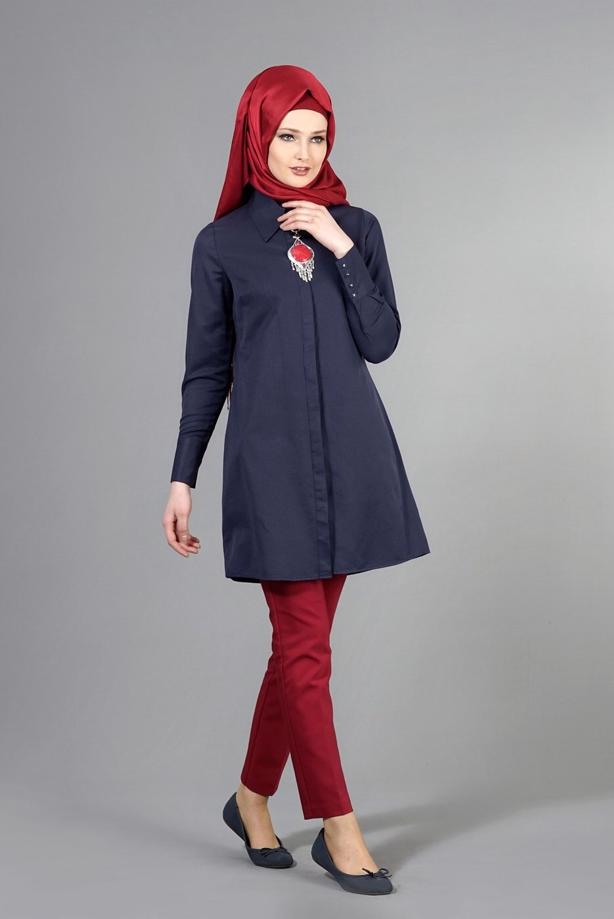 Vêtements hijab  T 1040 Allday Gizli Düğmeli Erkek Yaka Tunik - TRENDTESETTÜR