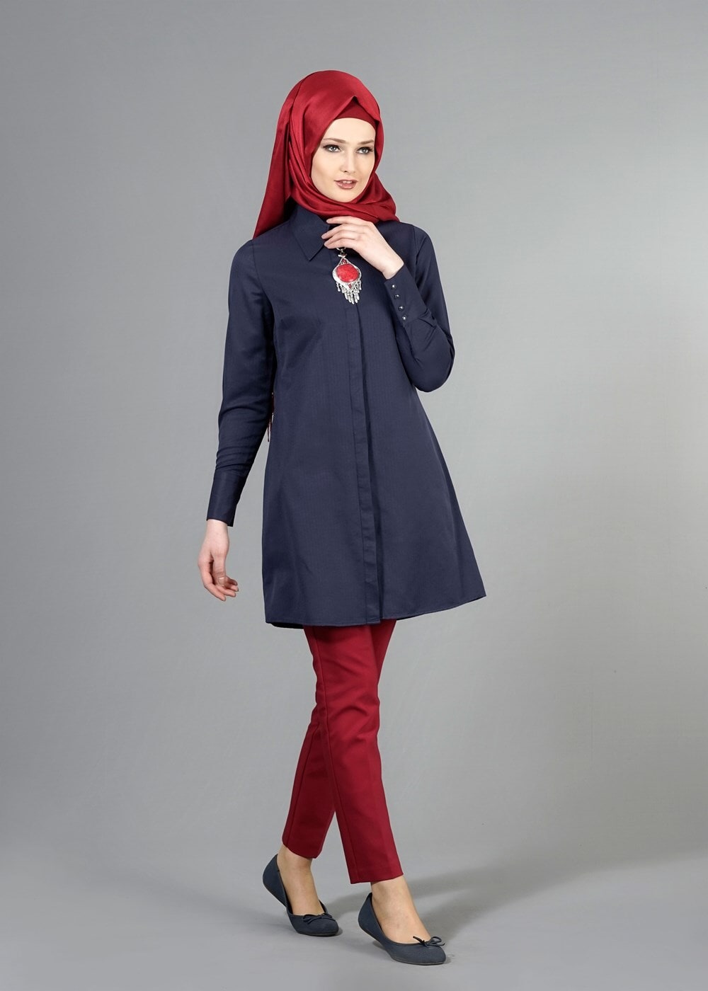 Hijab clothing NAVY BLUE T 1040 Allday Gizli Düğmeli Erkek Yaka Tunik