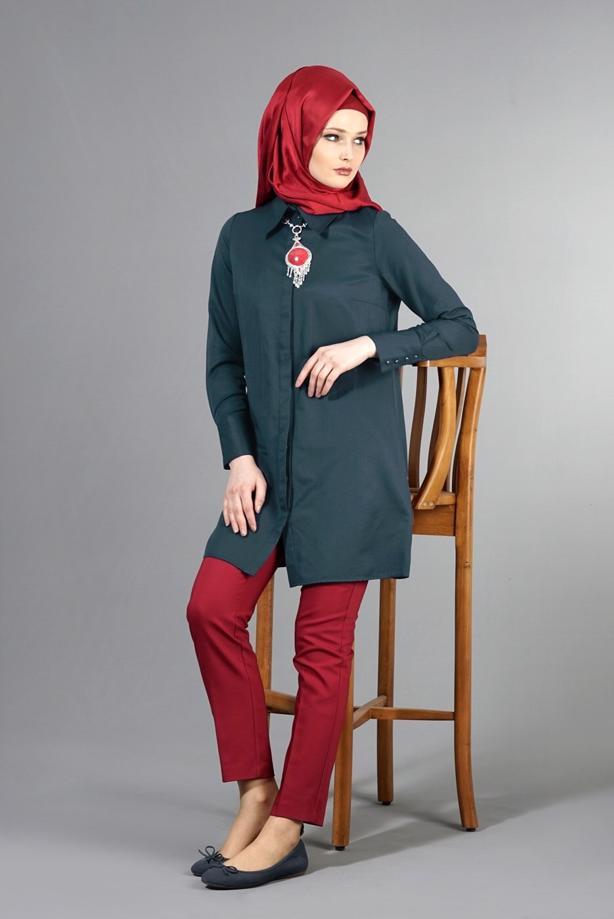 Vêtements hijab  T 1040 Allday Gizli Düğmeli Erkek Yaka Tunik - TRENDTESETTÜR