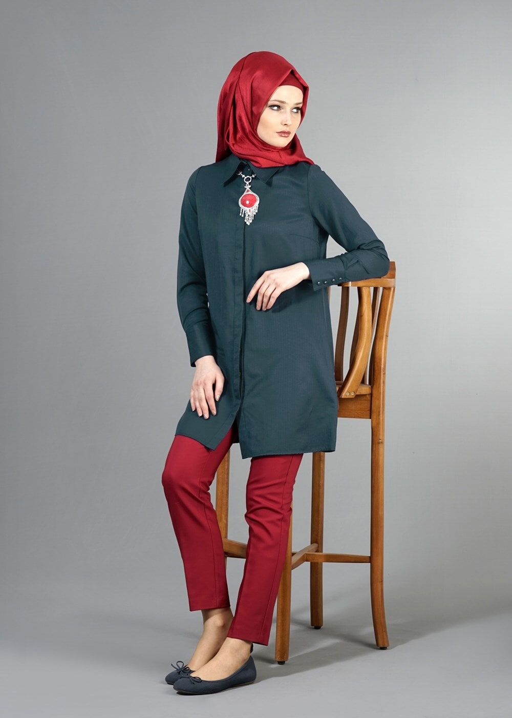 Vêtements hijab VERT T 1040 Allday Gizli Düğmeli Erkek Yaka Tunik