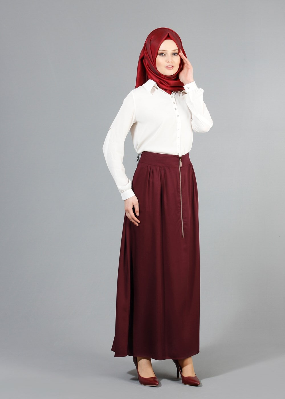 Tesettür giyim BORDO T 6937 Allday Fermuarlı Cepli Etek