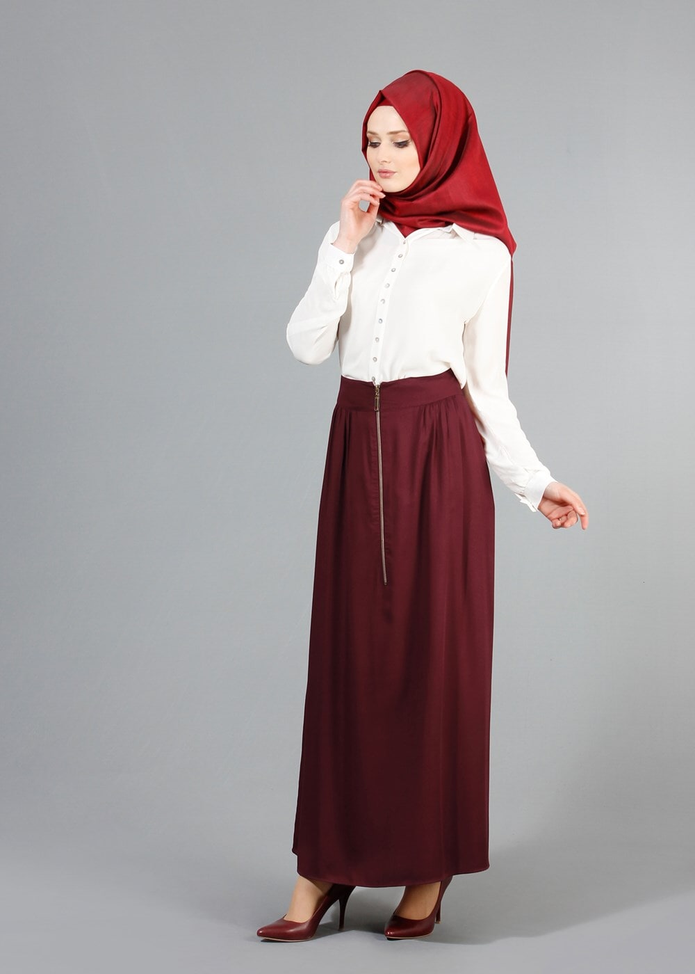 Tesettür giyim BORDO T 6937 Allday Fermuarlı Cepli Etek