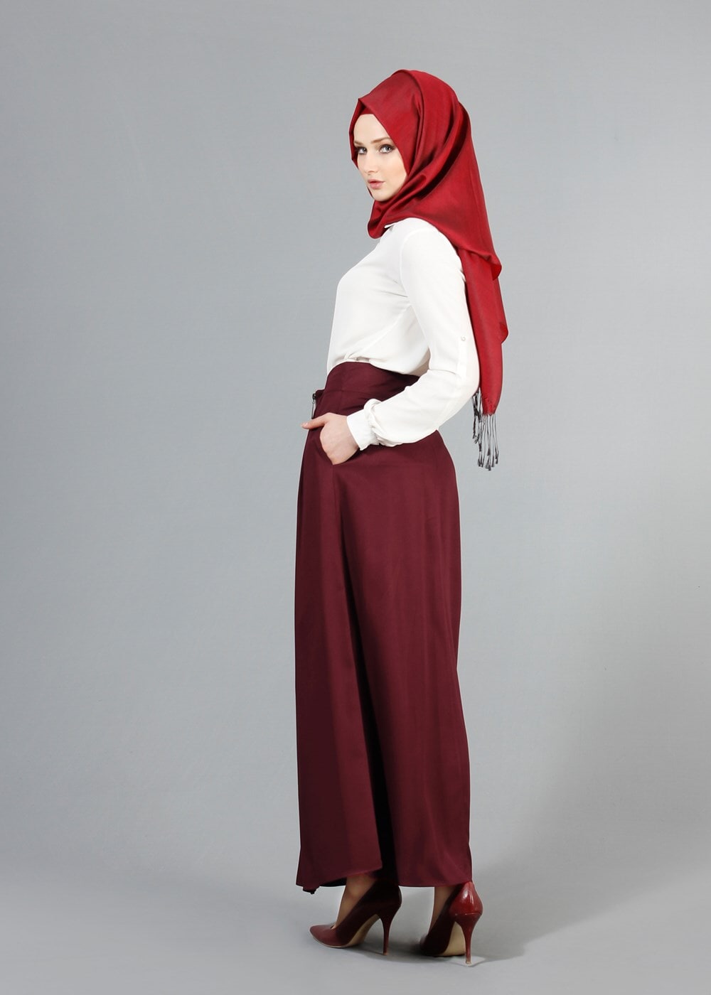 Tesettür giyim BORDO T 6937 Allday Fermuarlı Cepli Etek