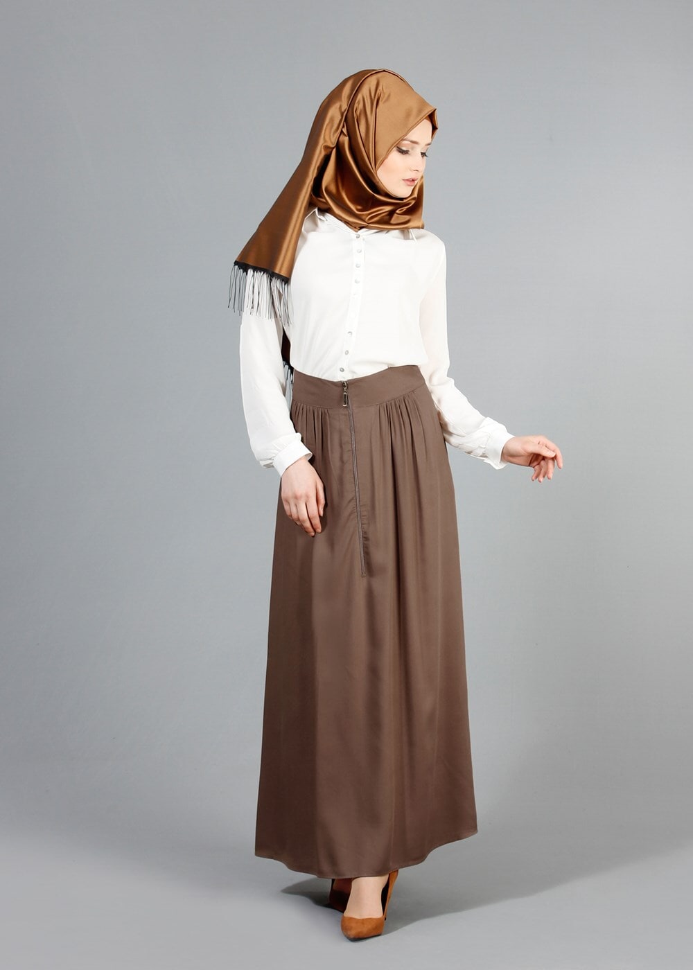 Tesettür giyim KAHVE T 6937 Allday Fermuarlı Cepli Etek