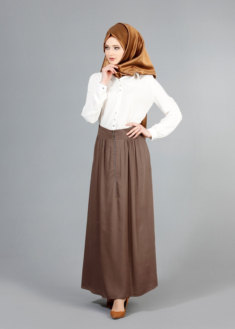 Tesettür giyim KAHVE T 6937 Allday Fermuarlı Cepli Etek