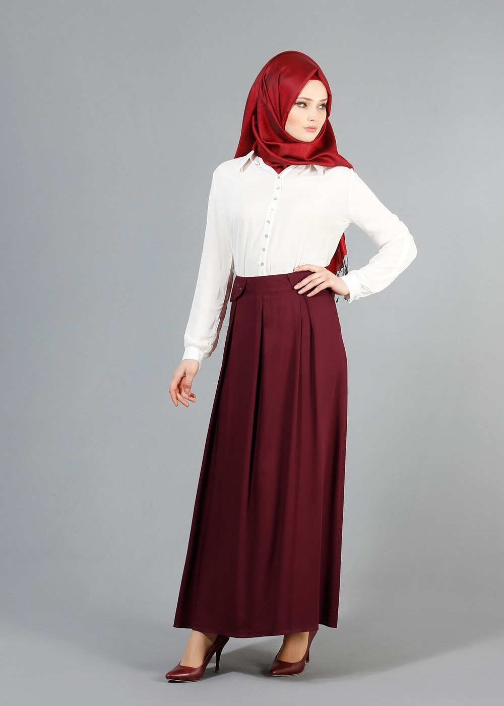 Tesettür giyim BORDO T 6941 Allday Zımba Detaylı Pileli Etek