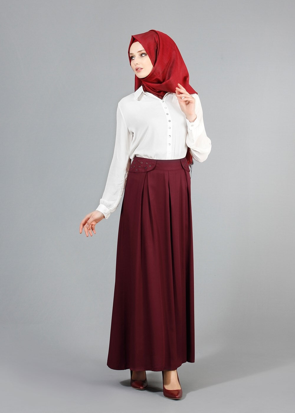 Tesettür giyim BORDO T 6941 Allday Zımba Detaylı Pileli Etek