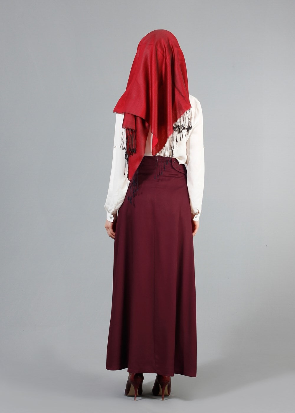 Tesettür giyim BORDO T 6941 Allday Zımba Detaylı Pileli Etek