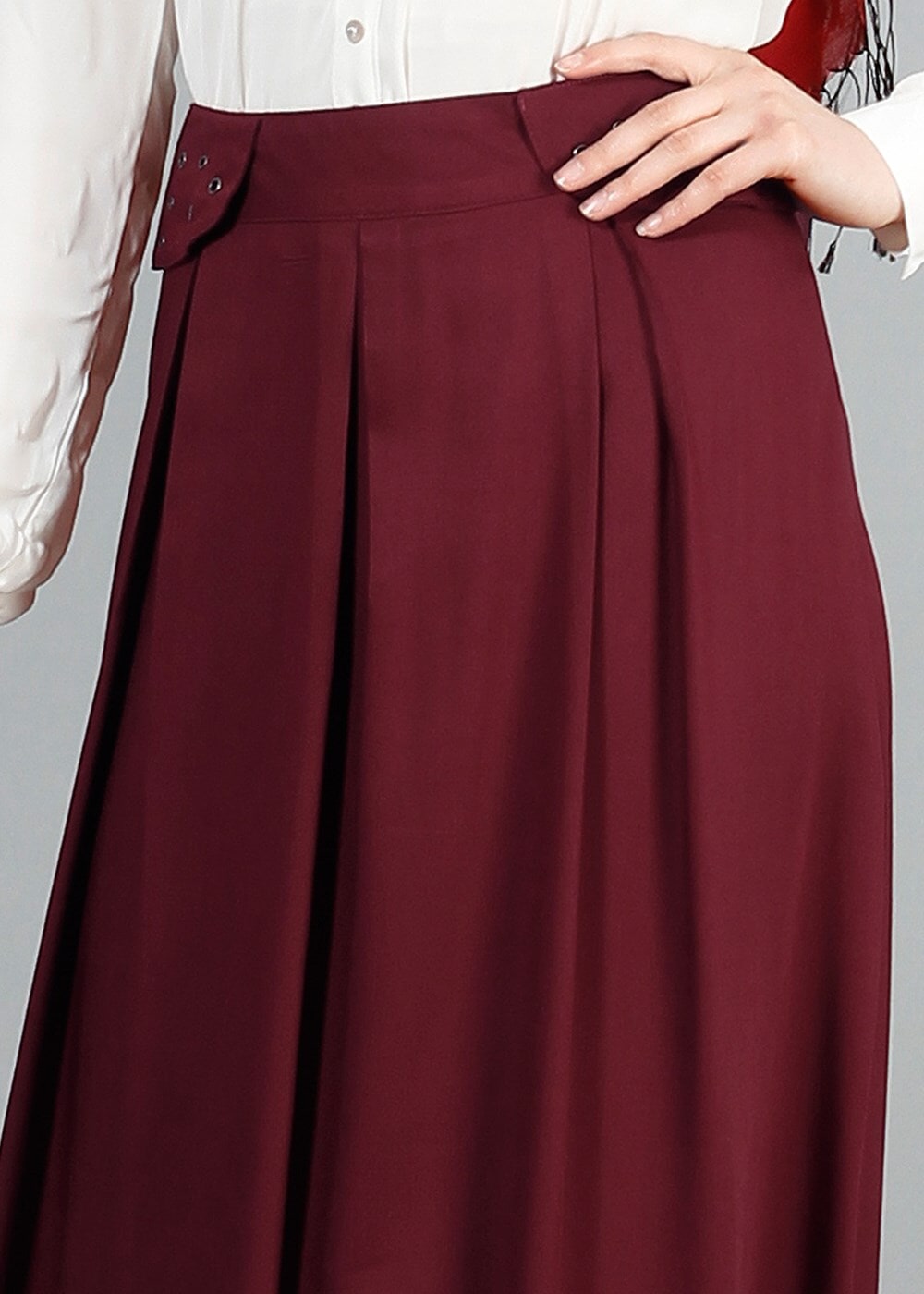 Tesettür giyim BORDO T 6941 Allday Zımba Detaylı Pileli Etek