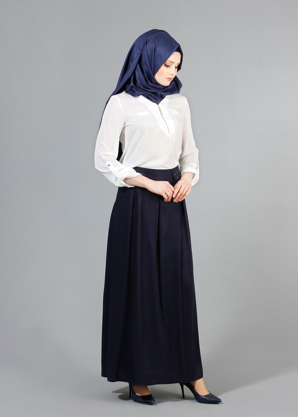 Tesettür giyim LACİVERT T 6941 Allday Zımba Detaylı Pileli Etek