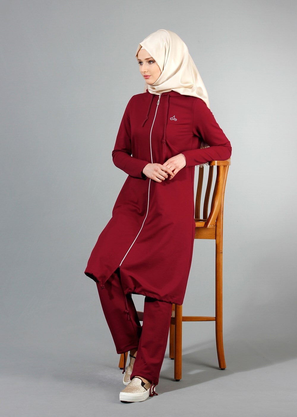 Tesettür giyim BORDO T 40105 Allday Fermuarlı Eşofman Takım