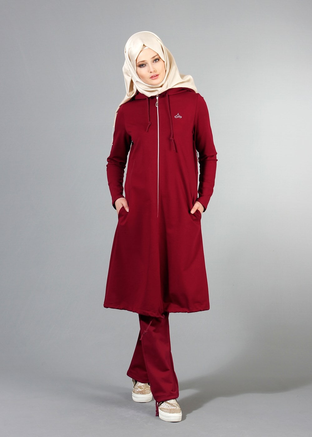 Tesettür giyim BORDO T 40105 Allday Fermuarlı Eşofman Takım