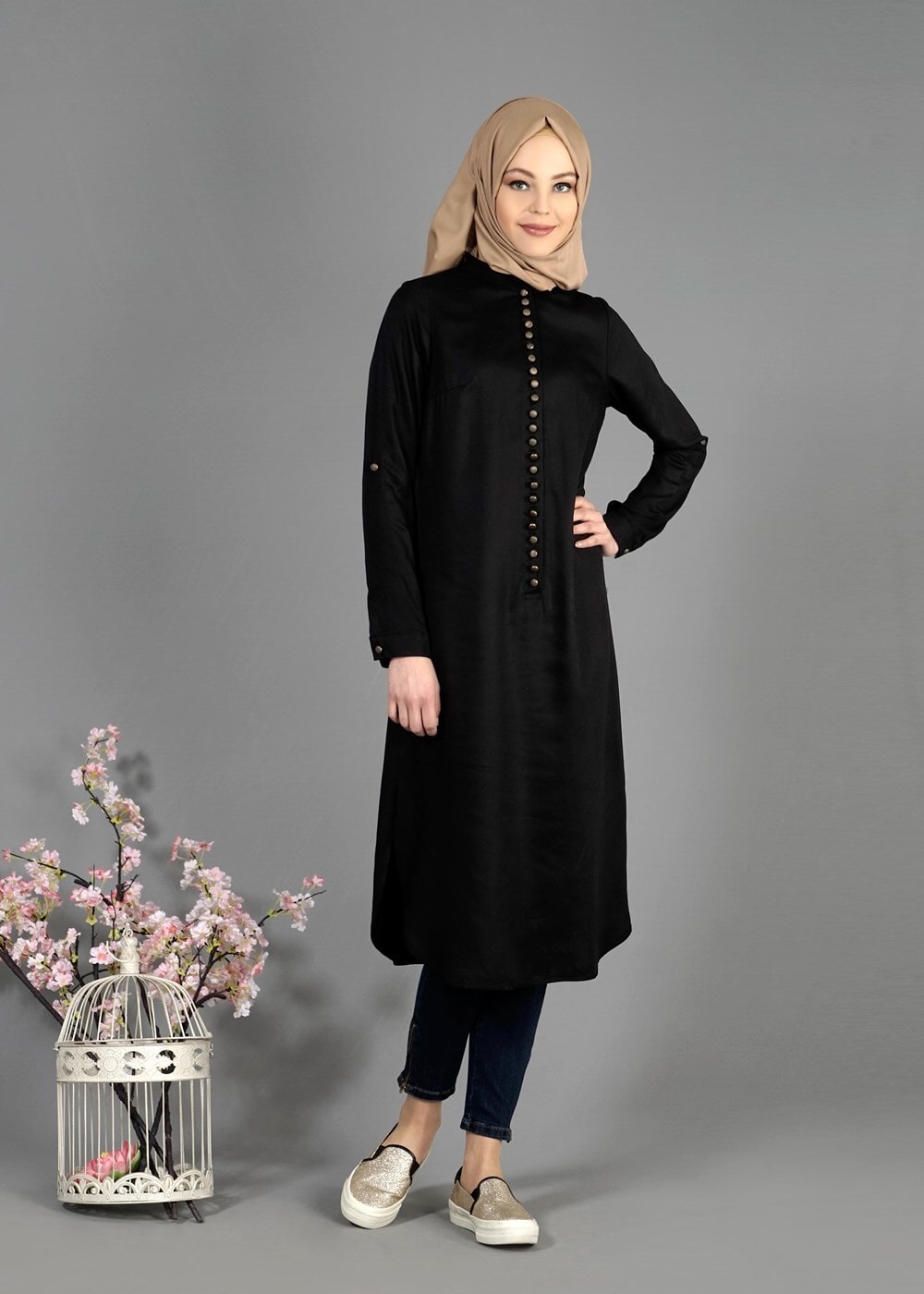 Tesettür giyim SİYAH T 50351 Allday Önden Düğmeli Hakim Yaka Tunik